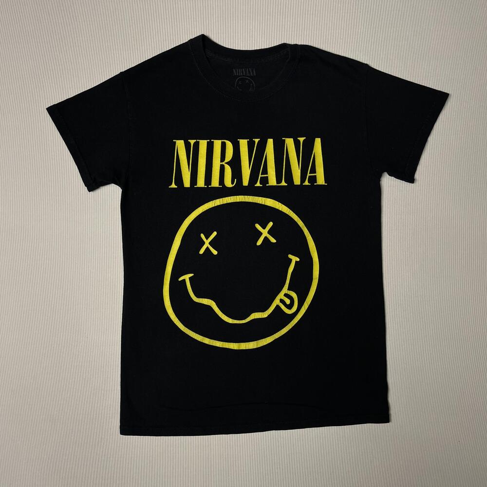 Nirvana Shirt Mens S Black Smiley Logo Graphic Tee Rock Grunge Band Music